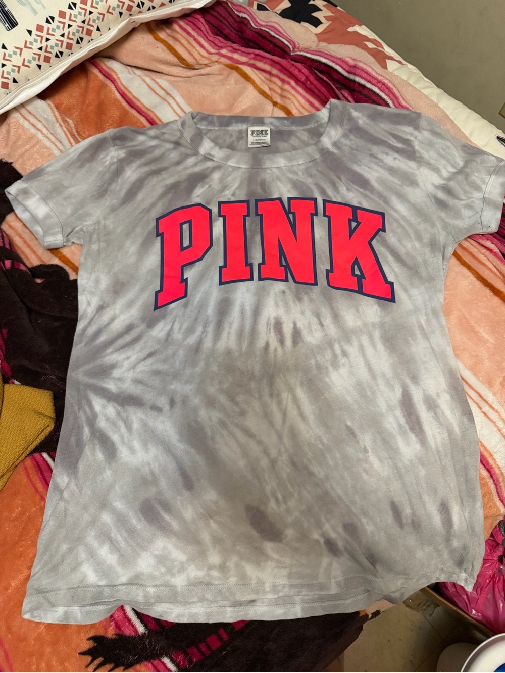 PINK Victoria's Secret Light Gray Tie-Dye Tee with Hot Pink Logo